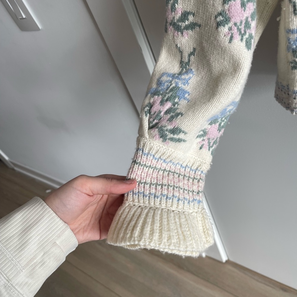 Love Shack Fancy Floral Knit Cardigan Sweater - White and Blue - Picture 4 of 8